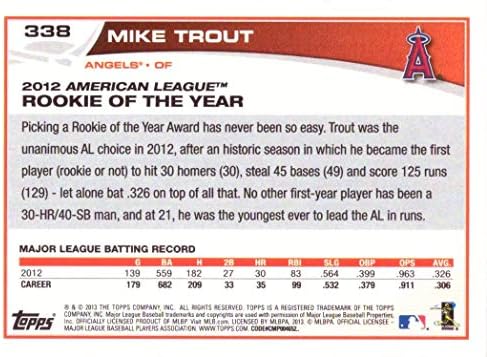 2013 Topps 338 Mike Trout Baseball Card - Pobjeda 2012 Nagrada Rookie of the Year
