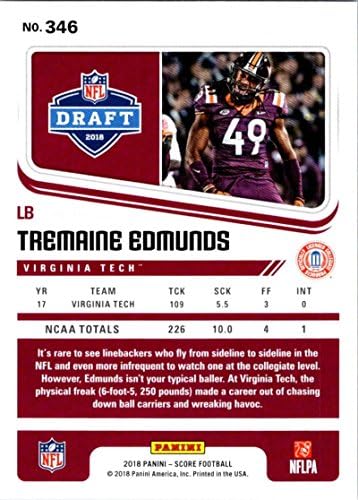 2018. rezultat 346 Tremaine Edmunds Virginia Tech Hokies Rookie RC Football Card