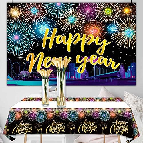 Pozadina i stolnjak za sretnu Novu godinu, šareni vatromet, novogodišnji pozadinski transparent i poklopci stolova 2023 pribor