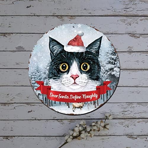 Sretan božićni natpis na vratima Dragi Djed Mraz Definiraju nestašnu mačku okrugli metalni limen potpis božićni dekor rustikalni