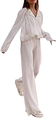 Sydotuor ženske 2 -komadiće odjeće naborani predimenzionirani gumb dugih rukava dolje košulje elastični struk široke nogu