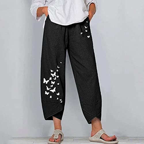 Mtsdjskf ženske hlače, široke nogu visoki struk udobne posteljine obrezane hlače s džepovima ženske plaže hlače