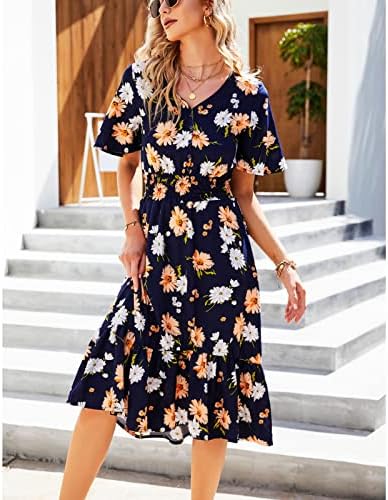 LCZIWO 2023 Ženske ljetne haljine Boho cvjetni print v vrat kratki rukavi Smamljeni Empire Rake Raffle Hem Hawaii Beach