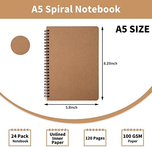 24 Paket Unsined Spiral Notebook- A5 Knjiga skica, prazni časopis, Unsined Notebook, mekani naslovnica Kraft Cur Crtanje