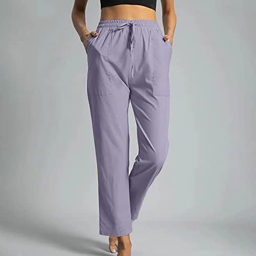 Ženske pamučne lanene hlače zaleđene elastične hlače struka za ženske udobne dnevne hlače Stilske solidne hlače za gležnjeve