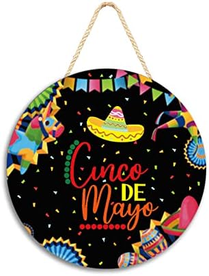 Gigoitly Cinco de Mayo Dekoracija Viseti znak 12 ”Meksički fiesta dekor Cinco de Mayo drveni vijenac sa sombrero maracas