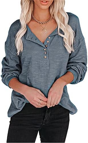 SILUNMA2021 Žene casual gumb v vratne bluze casual labava labava boja gornja boja dugi rukavi opuštene majice