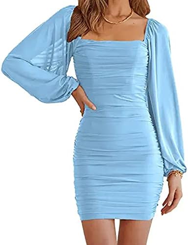 Ikodod haljina Ženska 2023. ljetni kvadratni ovratnik haljina dugih rukava Visoko elastična vitka ležerna srednja haljina