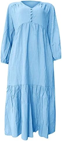 Ikodod haljina Ženska proljetna gumb za proljeće pamuka retro ležerna haljina od dugih rukava za žene s džepom