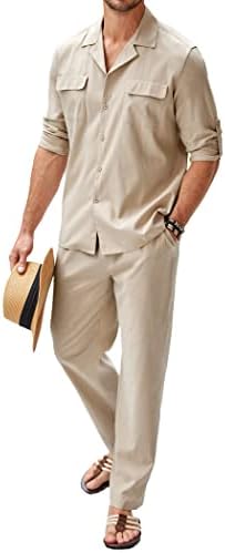 Coofandy muški 2 komada pamučna lanena gumba dolje košulja s dugim rukavima casual plaže hlače ljetne joge odjeće
