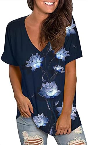 Ljetni vrhovi za žene casual v vrat cvjetni tiskani majica ljetni udobni vrhovi majica s laticama majica modne majice