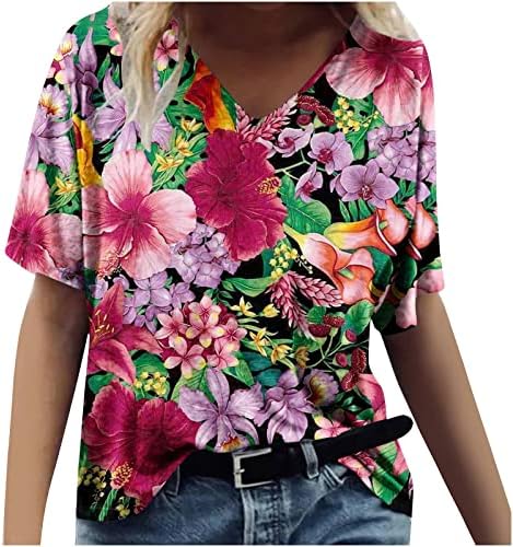Cvjetni vrhovi za žene kratki rukavi 3D print proljetna bluza ljeto v vrata Havajske košulje casual labave majice na plaži