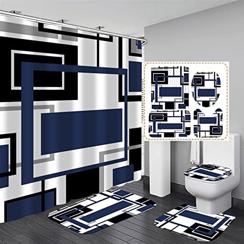 Yddsky 4 PCS plava geometrijska zavjesa za tuširanje setovi ne klizanja prostirka prostirke, toaletni poklopac, prostirka