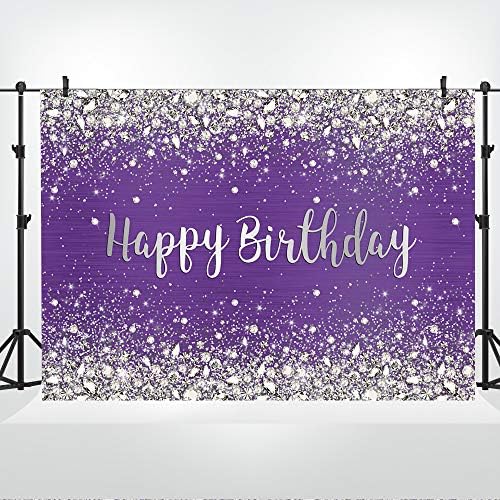 Ljubičasta pozadina sretan rođendan pozadina za fotografiranje dijamanti svjetlucave bokeh točkice srebrni banner za djevojčice