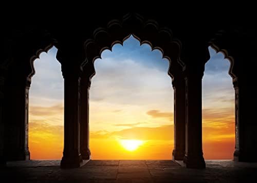 Tkanina 10.8.8. pozadina indijskog hrama luk kamena vrata silueta pozadina neba zalaska sunca drevni indijski dvorac palača