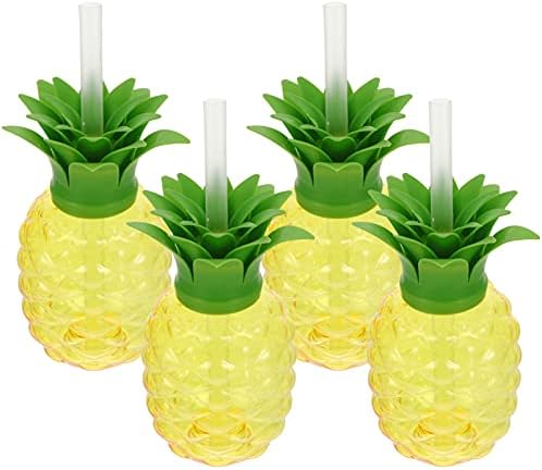 Tiki šalice 4pcs šalice od ananasa s poklopcem i slamkama plastične šalice za piće plaža šalice za vodu zabava favorizira