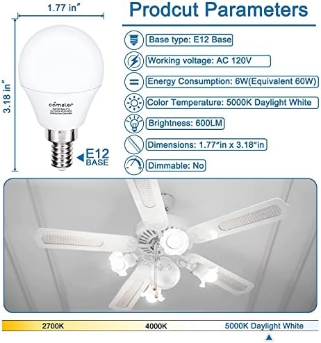žarulje stropnog ventilatora, LED žarulje u donjem dijelu, ekvivalent 60 vata, dnevno svjetlo 5000k, bijeli kandelabri u