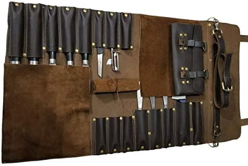 Velika profesionalna torba za kuharske noževe od lagane prave tamnosmeđe kože / rola noža sa 16 džepova 5015
