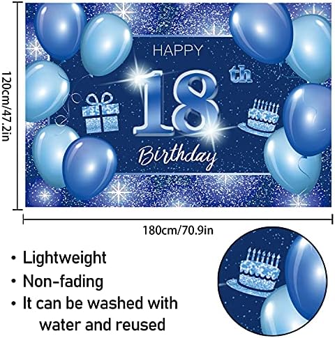 Sretan rođendan, 18. rođendan, pozadina, natpis, dekor, svjetlucanje u plavom grašku, iskra, tematski ukrasi za rođendansku