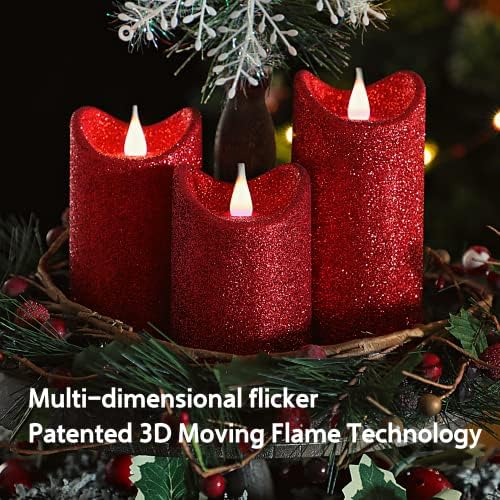 DELEU PACK od 3 crvene svjetlucave svijeće 3D kretanje plamena LED svijeće, daljinski upravljač od 10 ključeva, baterija