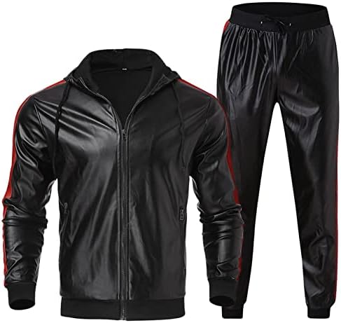Muški znoj 2 komada od umjetne kožne jakne s kapuljačom jakne hlače postavljene puk puni patchwork odijelo s punim patentnim
