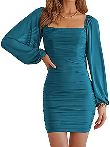 Ikodod haljina Ženska 2023. ljetni kvadratni ovratnik haljina dugih rukava Visoko elastična vitka ležerna srednja haljina