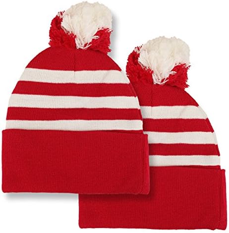 Armycrew Red White Striped Pom Pom Cuff Beanie šešir - crvena bijela pruga - 2 pakiranja
